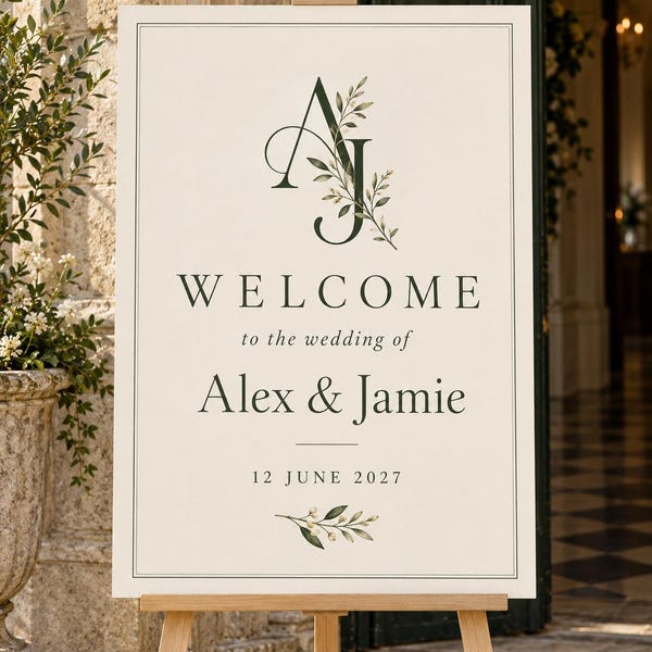 Welcome sign with an AJ monogram for Alex and Jamie