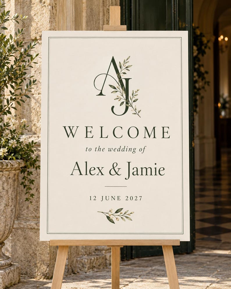 Welcome sign with an AJ monogram for Alex and Jamie