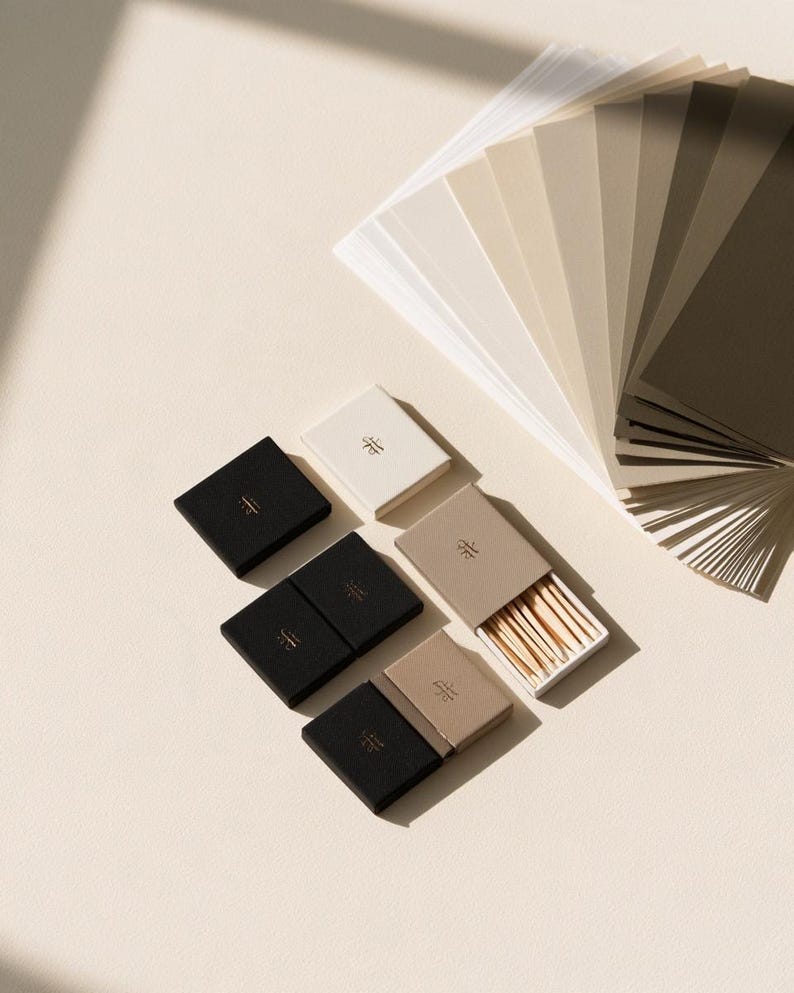 Small rectangular matchbox mockups in a restrained neutral palette, decorated with fine monograms. The styled arrangement shows the paper sleeves and drawer-style construction for personalised event favours.