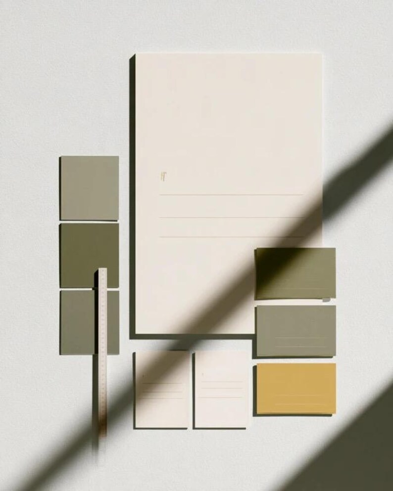 A tall cream wedding-sign mockup displayed upright with coordinated cream and olive paper stationery on a neutral surface. Soft daylight highlights the simple rectangular layout and paper textures.