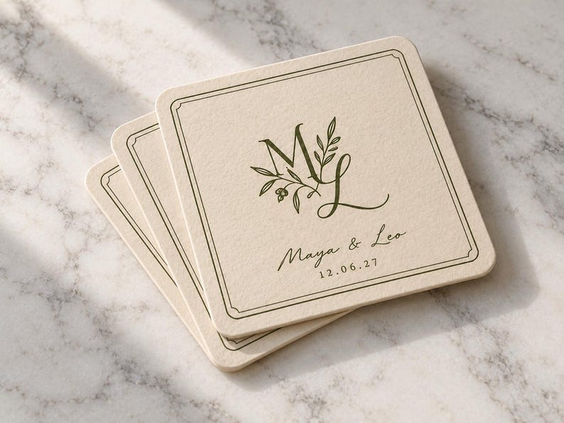 Digital studio mockup of three thin ivory square paper coasters with rounded corners, arranged in an offset stack on pale marble. Olive-green ML monogram, fine frame and matching Maya and Leo wording.