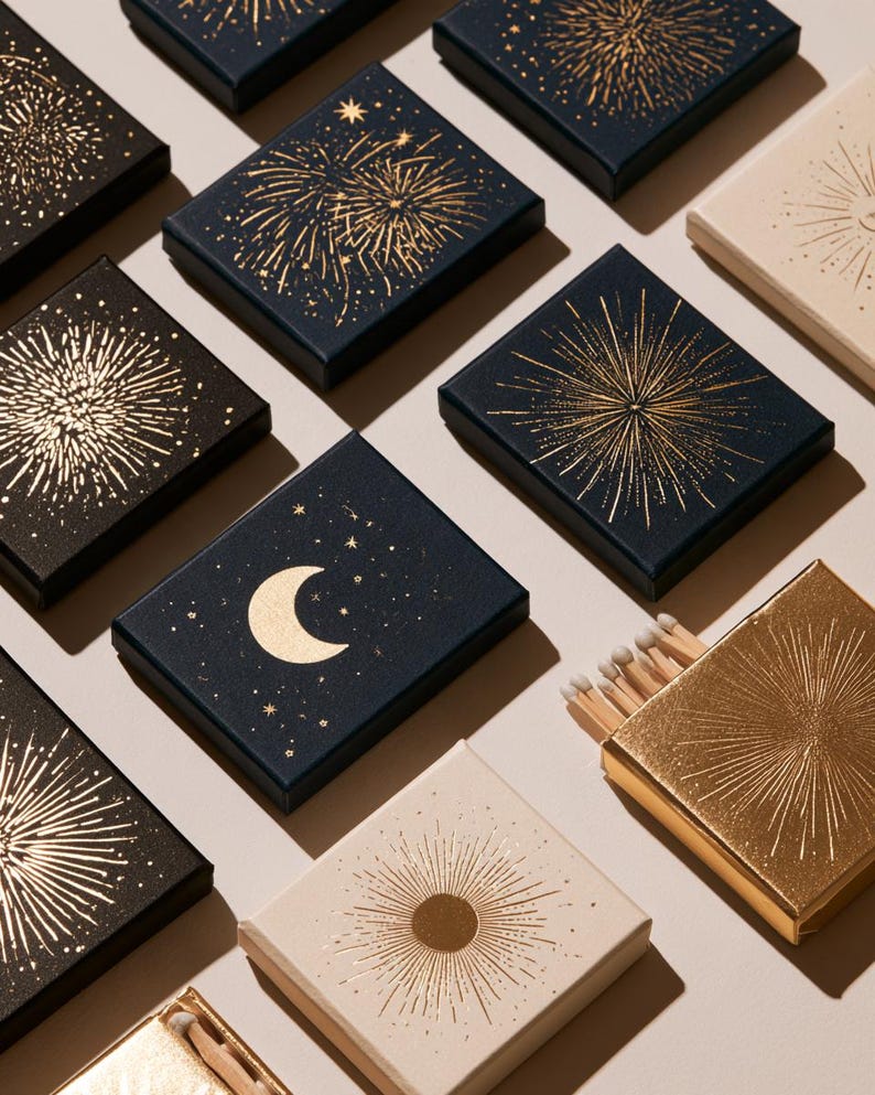 Dark matchbox mockups styled for an evening celebration, with plain and gold-toned decorative sleeve designs. The presentation shows compact rectangular boxes for personalised party favours.