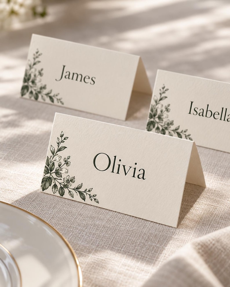 Three folded ivory place cards with green botanical illustrations and the sample names Olivia, James and Isabella, styled on a linen wedding table. Digital concept mockup of personalised guest name cards.