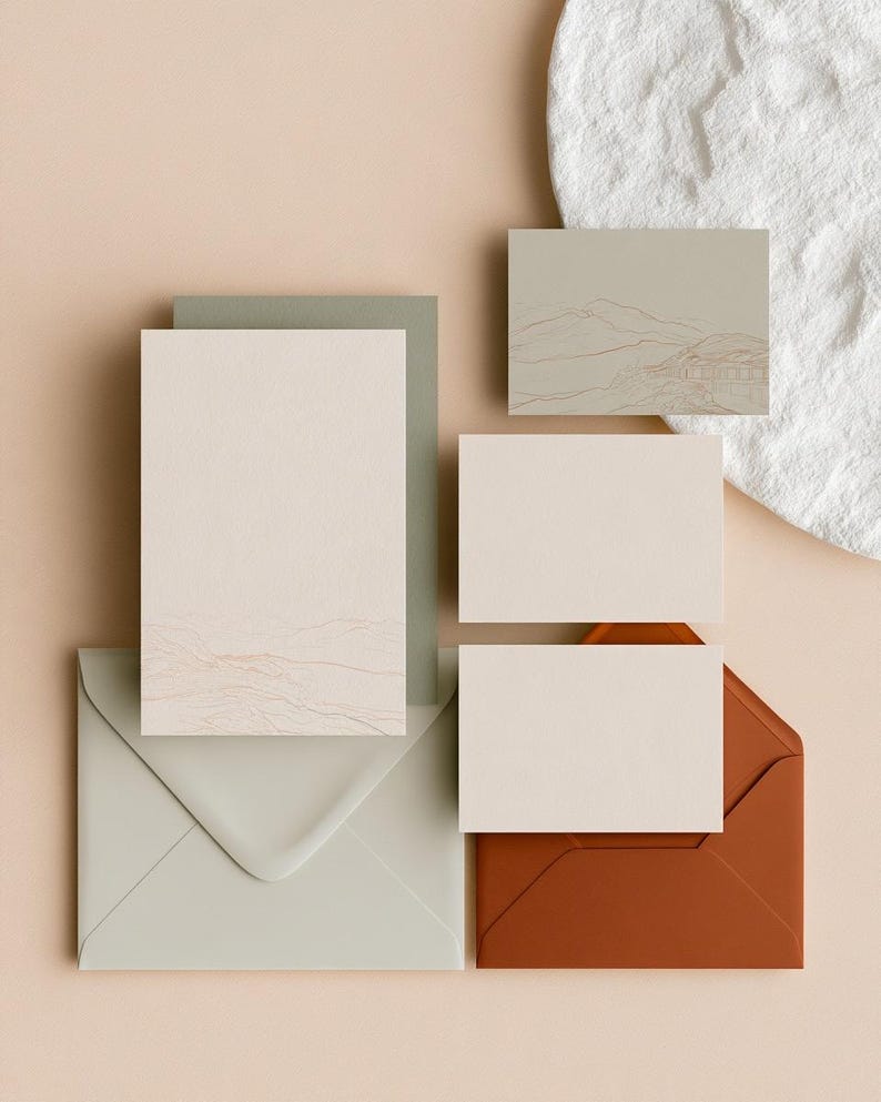 Coordinated wedding invitation stationery with cream cards, muted green accents and an envelope, arranged on a pale background. Fine architectural illustration and small printed text appear on the cards. Digital concept mockup.
