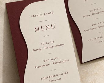 Layered Wedding Menu Cards – Personalised Curved Design in Uncoated Card