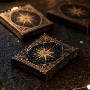 Dark matchbox mockups styled for an evening celebration, with plain and gold-toned decorative sleeve designs. The presentation shows compact rectangular boxes for personalised party favours.