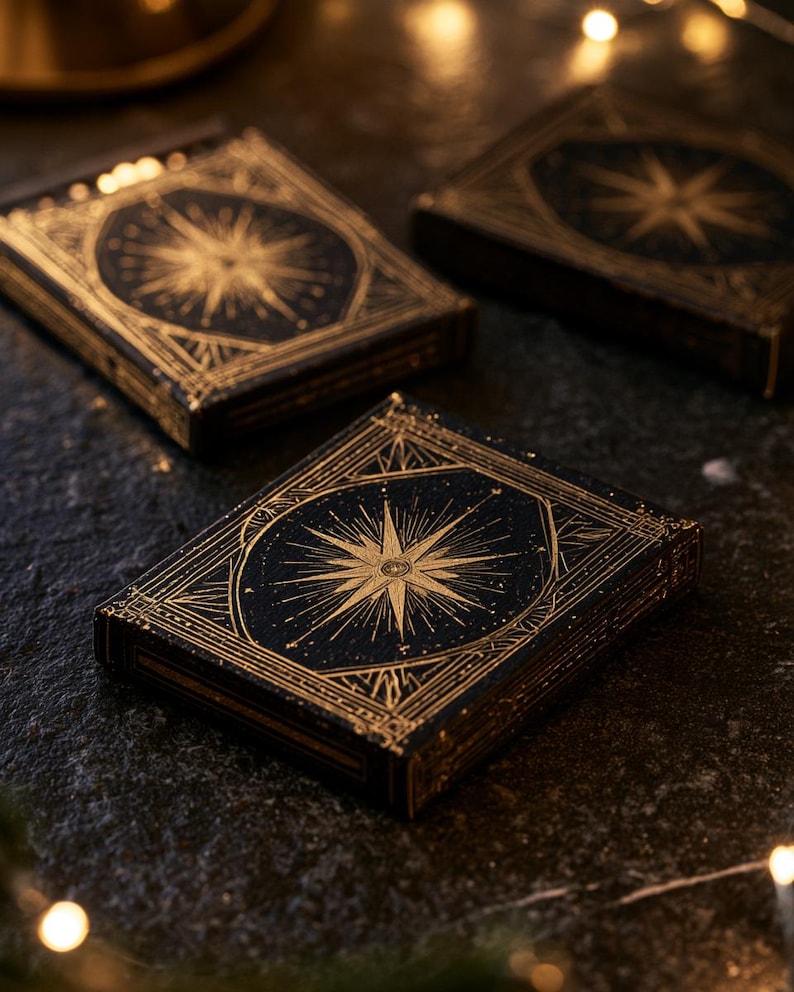 Dark matchbox mockups styled for an evening celebration, with plain and gold-toned decorative sleeve designs. The presentation shows compact rectangular boxes for personalised party favours.