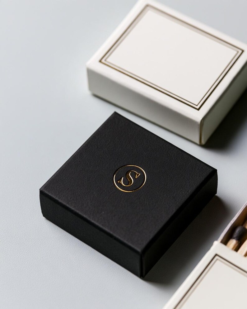 Small rectangular matchbox mockups in a restrained neutral palette, decorated with fine monograms. The styled arrangement shows the paper sleeves and drawer-style construction for personalised event favours.