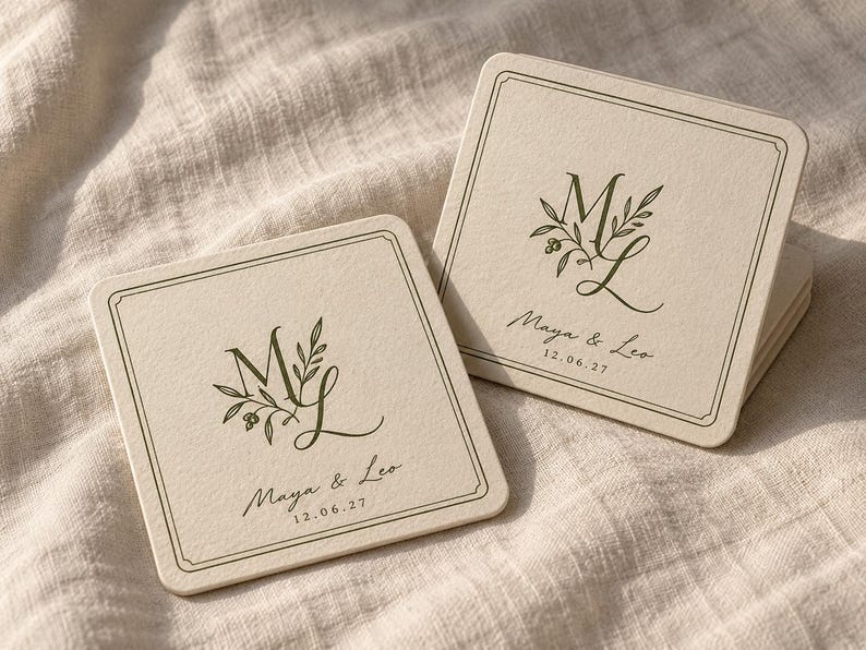 Square cream coasters with a green ML monogram