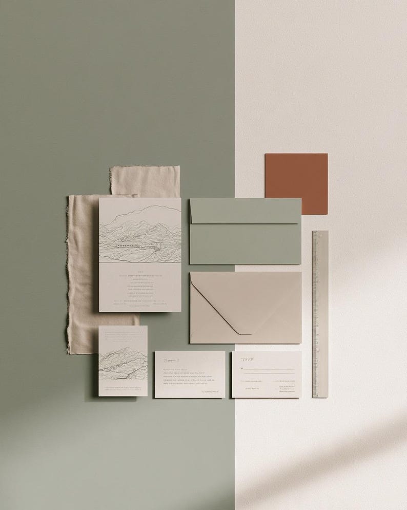 Coordinated wedding invitation stationery with cream cards, muted green accents and an envelope, arranged on a pale background. Fine architectural illustration and small printed text appear on the cards. Digital concept mockup.