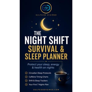 May include: A dark blue planner cover titled The Night Shift Survival & Sleep Planner with a gold crescent moon, stars, and a coffee mug graphic. Text includes Gulfside Digimed, Protect your sleep, energy & health on nights, and four bulleted features.