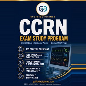 May include: A digital study programme for the CCRN exam by Gulfside DigiMed. The graphic features a medical monitor displaying vital signs, a list of 150 practice questions, full rationales, haemodynamics, respiratory care, and printable study cards.
