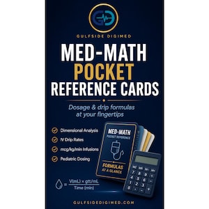 Könnte beinhalten: Ein Set von Gulfside Digimed Med-Math Pocket Reference Cards mit Dosierungs- und Tropfformeln. Die dunkelblauen Karten zeigen Text wie Dimensional Analysis, IV Drip Rates und Pediatric Dosing, zusammen mit einem schwarzen Taschenrechner.