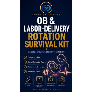 May include: A dark blue educational guide titled OB & LABOR-DELIVERY ROTATION SURVIVAL KIT by GULFSIDE DIGIMED. It features gold text, a heart-shaped outline of a parent and infant, and icons representing stages of labor, fetal monitoring, and newborn care.