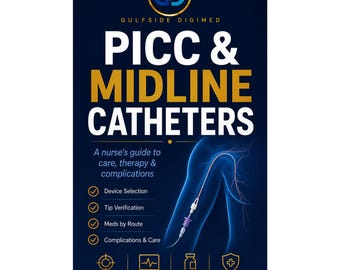 PICC & Midline Catheters | A Nurse's Care and Maintenance Guide, Flushing, Blood Draws, Dressings, Complications | Digital PDF