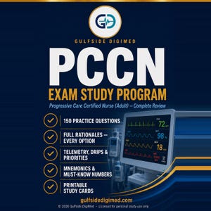 May include: A dark blue promotional graphic for the Gulfside DigiMed PCCN Exam Study Program. It features a medical monitor displaying vital signs, a list of study features including 150 practice questions, rationales, and printable cards.