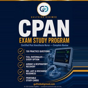 May include: A dark blue promotional graphic for the Gulfside DigiMed CPAN Exam Study Programme. It features the text CPAN EXAM STUDY PROGRAM, Certified Post Anesthesia Nurse — Complete Review, and a list of five study features with checkmarks.