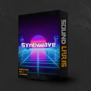 May include: A rectangular product box featuring a retro-futuristic digital landscape with a glowing purple and pink sun over a blue grid. The text reads SYNTHWAVE, SOUND LARIS, MUSIC PACK VOL. 1, and 25 SONGS in white and orange lettering.