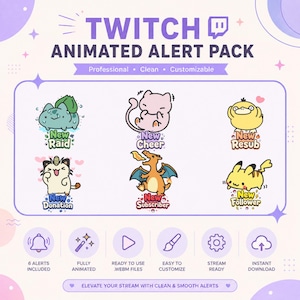Może przedstawiać: Animowany pakiet alertów Twitch zawierający sześć postaci z kreskówek z etykietami: New Raid, New Cheer, New Resub, New Donation, New Subscriber i New Follower. Grafika zawiera ikony powiadomień, animacji, plików, dostosowywania i pobierania.