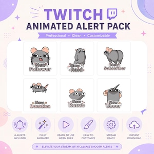 Może przedstawiać: Cyfrowy pakiet animowanych alertów Twitch zawierający sześć szarych myszy z różowymi uszami. Każda mysz jest powiązana z etykietami tekstowymi: New Follower, New Raid, New Subscriber, New Donation, New Resub i New Cheer. Projekt wykorzystuje jasnofioletową paletę.