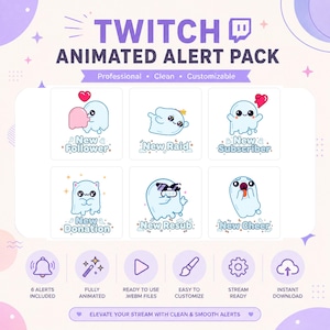 Peut inclure: Un pack d'alertes animées Twitch présentant six personnages fantômes bleu clair avec diverses expressions et accessoires. Le texte inclut New Follower, New Raid, New Subscriber, New Donation, New Resub et New Cheer. Le design utilise une palette de couleurs violette et blanche avec des accents d'étoiles et de cœurs.