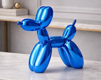 Escultura de cachorro em balão azul metálico, decoração moderna de arte pop para mesa ou estante.