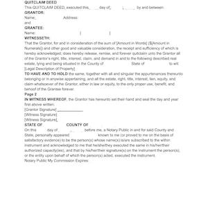 Op de afbeelding: Een zwart-wit gedrukt juridisch document genaamd Quitclaim Deed. De tekst bevat secties voor de namen en adressen van de overdrager en ontvanger, een beschrijving van het onroerend goed, getuigenhandtekeningen en een notariële bekrachtigingssectie.