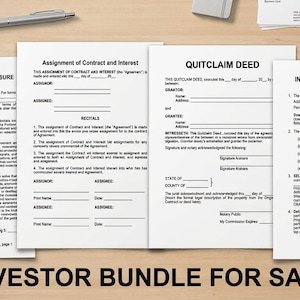 Op de afbeelding: Een verzameling van vier witte juridische documenten met zwarte tekst, waaronder een Non-Circumvention/Non-Disclosure Fee Agreement, een Assignment of Contract and Interest, een Quitclaim Deed en een Investor Sales and Purchase Agreement.