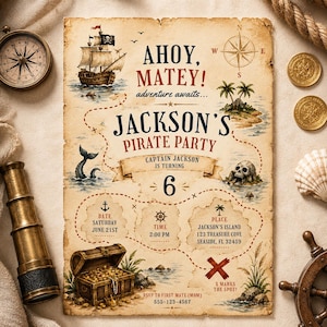 Inbjudan till piratfödelsedag, redigerbar piratfestinbjudan, skattkarta, Ahoy Matey-inbjudan, Canva-mall, direktnedladdning