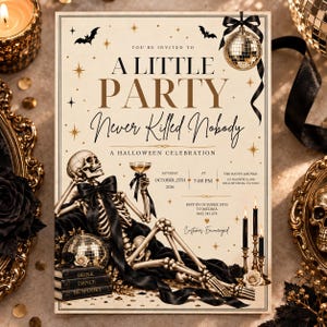 Halloween Birthday Invitation, Adult Halloween Party Invite, Editable Canva Template, Spooky Chic Skeleton Disco Party Invitation