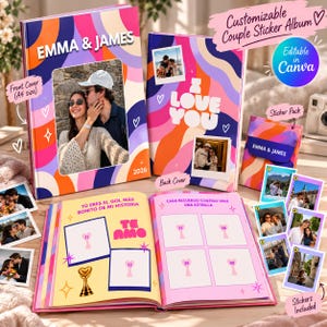 Puede incluir: Un álbum de pegatinas personalizable para parejas con portadas A4 de patrones ondulados en rosa, naranja, morado y blanco. Incluye espacios para fotos, texto con EMMA & JAMES, I LOVE YOU y 2026, un paquete de pegatinas y páginas con texto en español e iconos de corazones numerados.