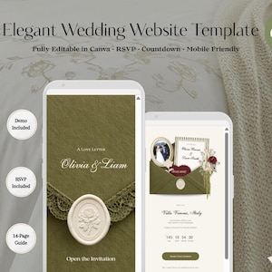 Puede incluir: Una plantilla de sitio web de bodas digital mostrada en dos pantallas móviles. El diseño presenta un sobre verde oliva con un sello de cera color crema, detalles florales y el texto A Love Letter, Olivia & Liam, y Open the Invitation.
