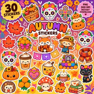 Puede incluir: Una colección de 30 pegatinas con temática otoñal que incluye ilustraciones de calabazas, calaveras de azúcar, un zorro, un espantapájaros, un gato negro, hojas de arce, setas, bebidas calientes y flores con el texto Autumn Stickers.