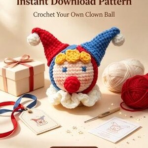Vintage Circus Clown Head Crochet Pattern PDF, Dual Color Jester Ball Amigurumi, Mini Pendant Toy For Holiday & Friend Handmade Gift