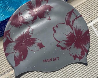 Bonnet de bain en silicone à motif floral | Argent et bordeaux, ensemble de maillots de bain