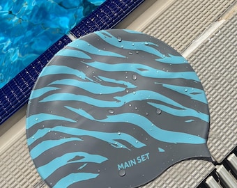 Bonnet de bain en silicone à motif zèbre menthe | Imprimé animal argenté et menthe