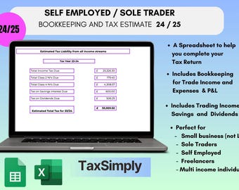 HMRC Tax Return + Bookkeeping Template | Tax Estimator | Toolkit for Self Employed UK | Income  and Expense Tracker |  | Sole Trader | P&L
