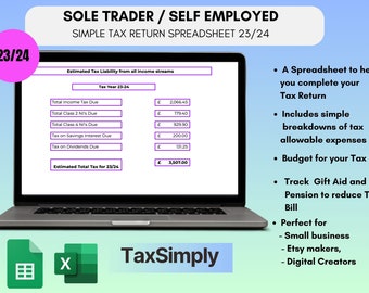 Tax Budget Spreadsheet UK Self Assessment  23/24 in Google Sheets & Excel