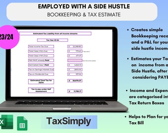 Tax Budget Spreadsheet UK Self Assessment | Employed with Self Employed Income 23/24| Side Hustle | Passive Income | Google Sheets & Excel