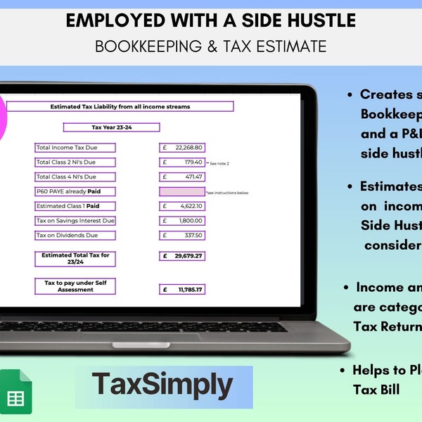 Tax Budget Spreadsheet UK Self Assessment | Employed with Self Employed Income 23/24| Side Hustle | Passive Income | Google Sheets & Excel