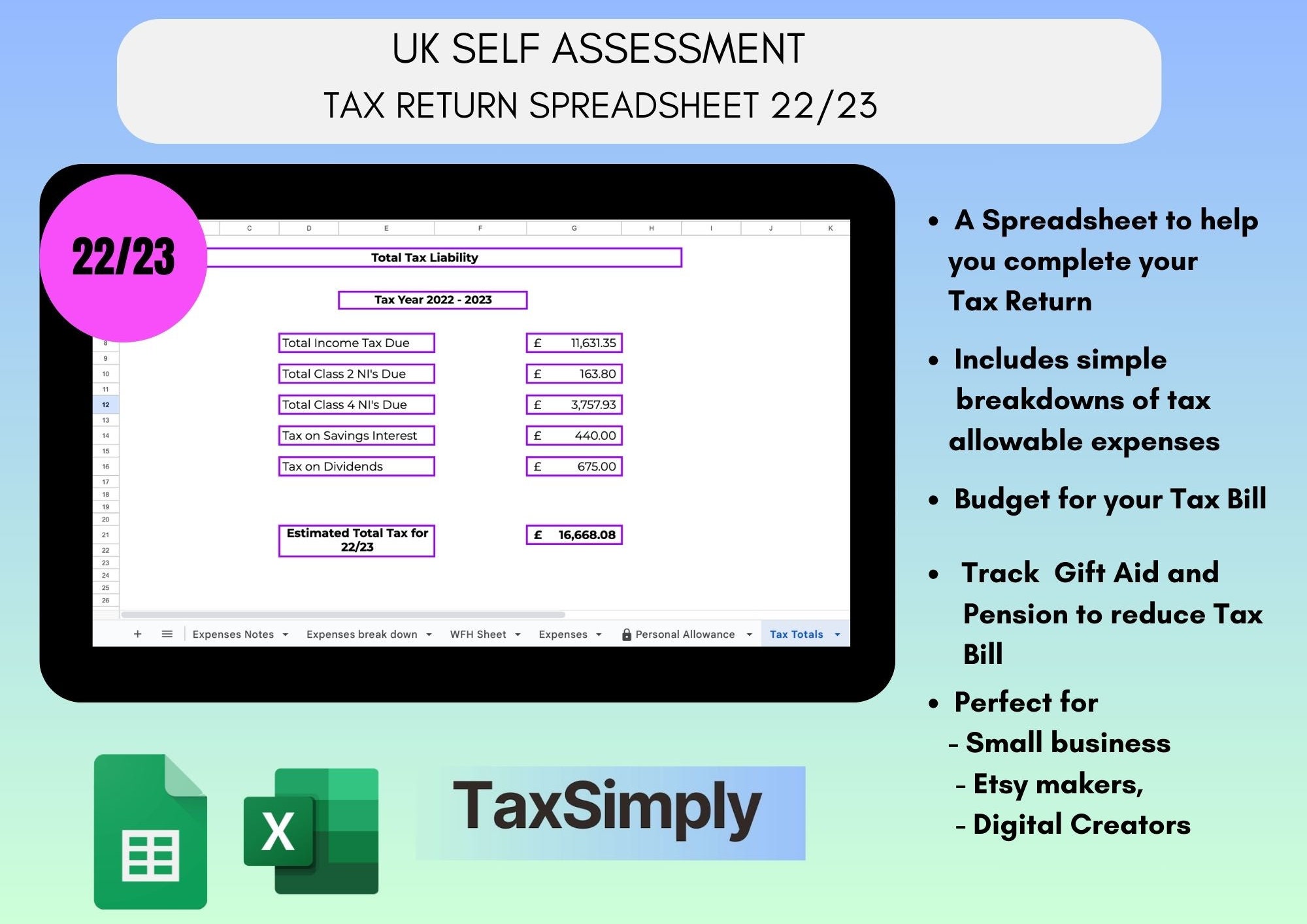 UK Self Assessment Tax Calculation Spreadsheet for Self Employed