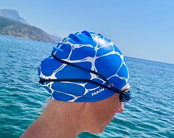 Pool Reflections Silicone Swim Cap | Blue White Abstract Print, Main Set Swim