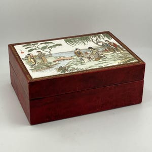 Red Leather Jewelry Box with Porcelain Plaque Painted Tile