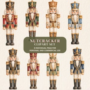 May include: A digital collection of eight watercolor nutcracker illustrations in various uniform colors including red, green, gold, and blue. A central dark green text box reads NUTCRACKER CLIPART SET 8 INDIVIDUAL PNGS FOR PERSONAL AND COMMERCIAL USE.