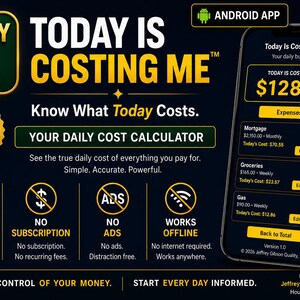 May include: A digital advertisement for the Today Is Costing Me mobile application. The graphic features a smartphone displaying a daily cost calculator interface, alongside text highlighting features like one-time purchase, no ads, and offline functionality.