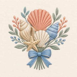 May include: An embroidery design featuring a bouquet of seashells, including a large peach scallop, a beige spiral shell, a smaller white scallop, and a starfish. The arrangement is accented with green leaves, small blue berries, and a blue bow.