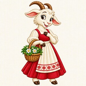 Cottagecore Goat Girl Embroidery File, Red Dress Flower Basket (Digital Download)