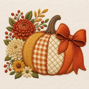 May include: An embroidered pumpkin design featuring a large orange bow, a brown stem, and sections with herringbone, gingham, and quilted patterns. The pumpkin is surrounded by orange and cream chrysanthemums, green leaves, and small red berries.