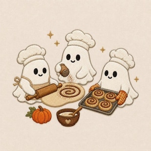 May include: An embroidery design featuring three white ghosts wearing chef hats. One ghost uses a wooden rolling pin on dough, another sprinkles spice from a shaker, and the third holds a baking sheet of cinnamon rolls. An orange pumpkin sits nearby.
