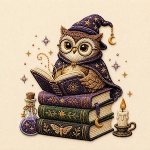 Wizard Owl Embroidery Design, Magic Books Machine File, Fantasy Reading Pattern (Digital Download)